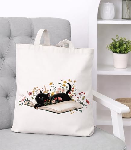 Image of Cute Cat Canvas Tote Bag for Women， Aesthetic Reusable Shoulder Bag for Shopping Travel Work