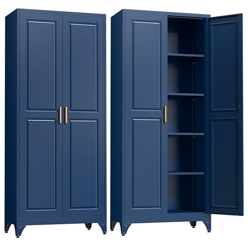 Kitchen Pantry Cabinet,75”Blue Metal Storage Cabinets with Doors and 4 Adjustable Shelves,Kitchen Cabinet with 2 Gold Handles,Tall Cabinet for Livin