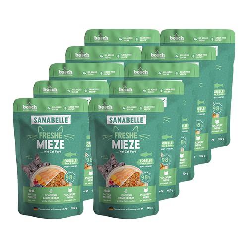 Sanabelle Freshe Mieze - Trucha, Pavo y Pollo, 10 Bolsas de 100 g Totalmente reciclables, Comida húmeda cocida al Vapor para Gatos, Comida para Gatos como recién cocida, una Marca de Alimentos para