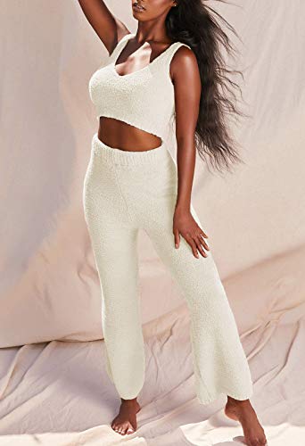 Toleny Women Fuzzy 3 Piece Lounge Sets Open Front Cardigan Crop Top Wide Leg Pants Sweatsuit Outfits White S #TOP3