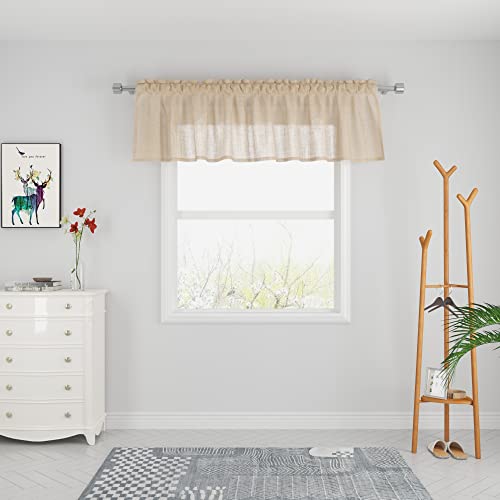 Upopo Beige Valance 16 Inches Long Sheer Curtain Valance Living Room Bedroom Kitchen Voile Transparent Linen Textured Valance Curtain Toppers Small Short Door Window Treatment 1 Panel Rod Pocket #TOP6