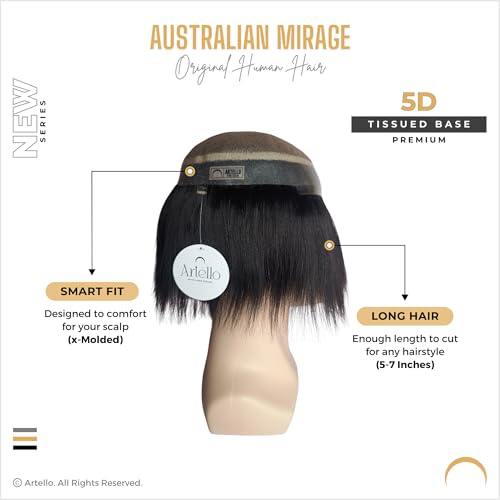 Image of Artello AUSTRALIAN MIRAGE Hair Patch for Men, 5D Premium Skin Base Wig with Real Scalp Partition, Trim-able PU Frontal, 100% Virgin Human Hair Toupee (Colour: Natural Black) (7x5)
