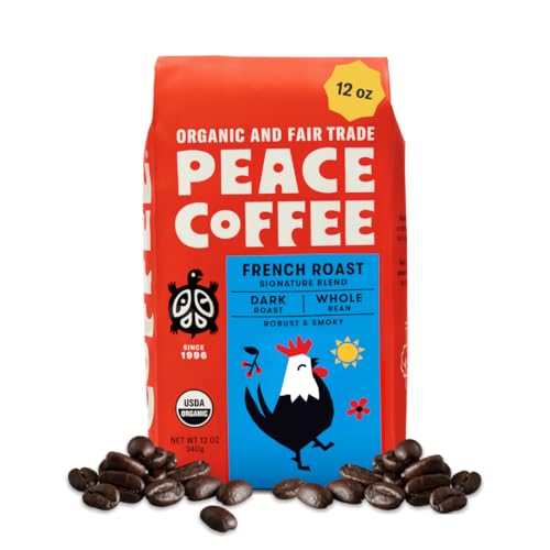 Peace Coffee French Roast Whole Bean Coffee, Dark Roast, 12 oz, Organic Fair Trade, Nutty, Bold Flavor, Shade Grown, Fresh Roasted