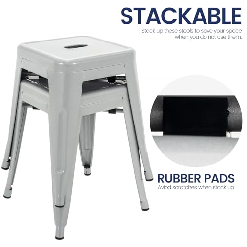 Image of Brage Living 18 Inch Industrial Metal Stools Set of 2, Short Stackable Classroom Stools, Backless Metal Dining Chairs for Indoor Outdoor Kitchen (Pearl Silver)