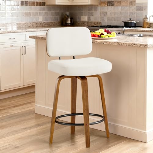 Image of Counter Height Bar Stools Set of 1, 26+inch Swivel Faux Leather Barstool with Back, Upholstered Mid-Century Modern Bar Chairs with Bent Wood Legs for Kitchen Counter, Dining Room,White