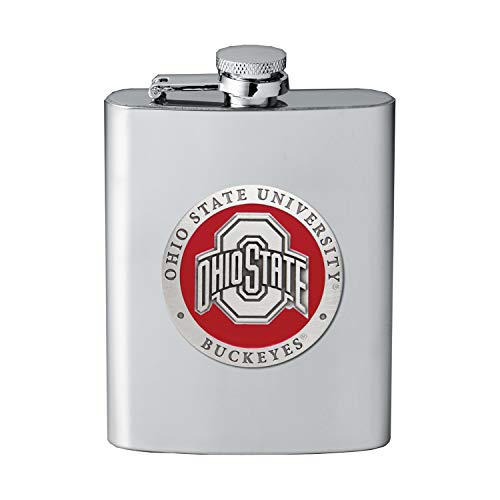 Heritage Pewter Ohio State Flask | 8 Ounce Liquor Flask Container - Stainless Steel | Intricately Crafted Metal Pewter Alma Mater Inlay