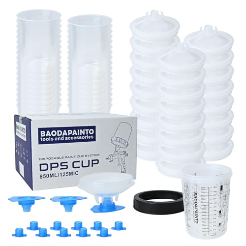 Image of Disposable Paint Cups for Spray Gun, Paint System for HVLP and LVLP Paint Spray Paint Gun, 27 Ounce (800ml) Kit with 25 Cups and Lids System, 1 Hard Cup with Retainer Ring, 10 Plugs, 3 Mixing Sticks