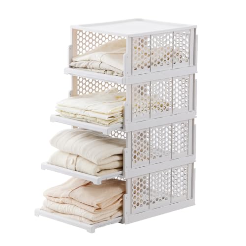 Pull-out Plastic Storage Basket with a Lid,Stackable Closet Organizers Drawer Anti-Tipping,Stable Shelf Container for Bathroom Laundry Room Storage, Space-Saving Clothes Storage (White Gray, L-4 pack) by beehomay - Used condition - US$33.11