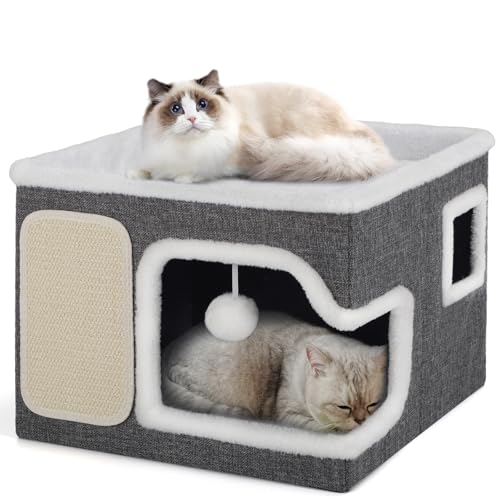 Cat Beds for Indoor Cats, Large Cat Cave with Cozy Hideout, Scratch Pad, Fluffy Ball Hanging, Foldable Cat Hideaway Hold Up to 30LBS, Indoor Cat House with Reversible Soft Cushions for All Seasons