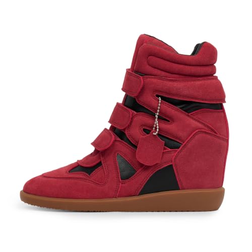 Image of Dsevht Hidden Wedge Sneakers for Women High Top Fashion Sneaker Suede High Heel Platform Tennis Triple Strappy Band Casual Vintage Dressy Comfy Campus Trendy Retro Sneaker
