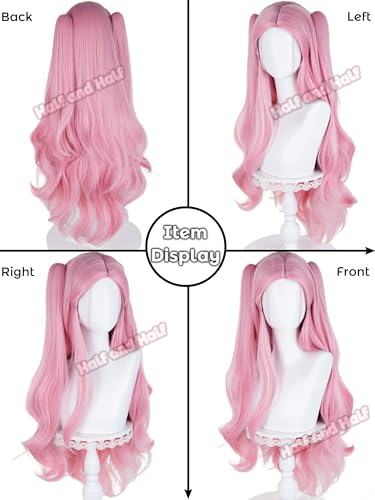 Image of Half and Half Pink Curly Anime Ponytail Wig Long Light Pink Twin Tail Wigs Cute Lolita Costume Wigs for Women Halloween Party Daily