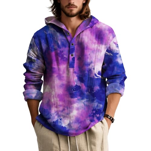 Tie Dye Hoodies for Men Loose Fit Long Sleeve Hooded Shirts Casual Henley Neck Button Lightweight Fall Pullover Tops