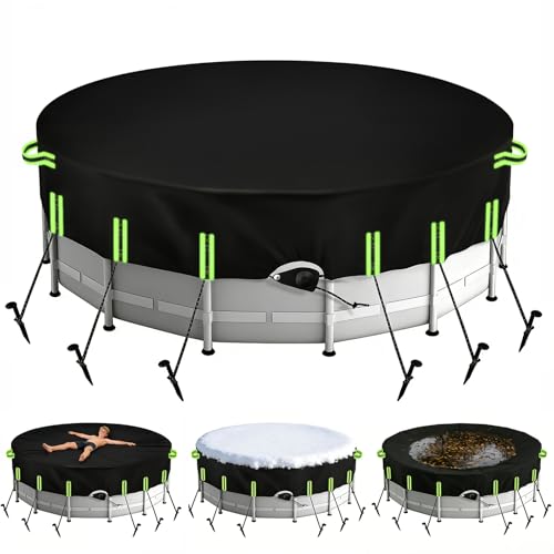 10ft Round Pool Cover for Above Ground Pools 310cm Heavy Duty 420D Swimming Pool Cover with Ratchet & Ground Stakes Windproof & Waterproof Winter Pool Protector