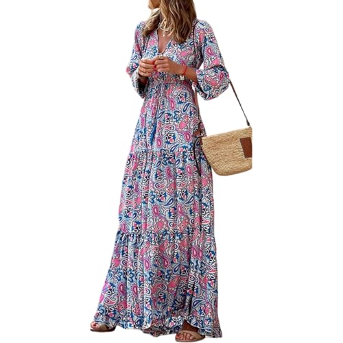 TIAFORD Womens 2026 Casual Boho Maxi Dresses V Neck Puff Sleeve Geometric...