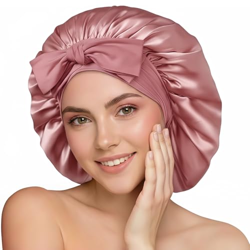 100% 22 Momme de Mûrier Bonnet Soie Cheveux Nuit, Bonnets de Nuit Doux en Soie Double Couche, Bonnet de Nuits Respirant et Ajustable,Bonnets de Sommeil...