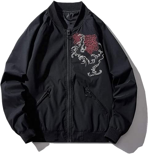 Xyxiongmao Japanese Dragon Men's Hip-Hop Clothing Oversized Men Bomber Jacket Couple Streetwear Pilot Jacket (Black, S) #TOP1