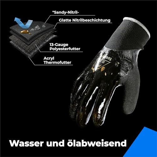Image of toolant Waterproof Winter Work Gloves, Double Nitrile Oil Resistant Grip | Thermal Insulation, Waterproof Protection in Freezer Work, Construction, Mechanics, Mining, Plumbing, Black, Small
