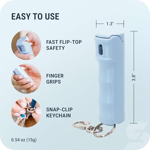 Image of SABRE Pepper Spray with Fast Flip Top Safety & Snap‑Clip Keychain for Self Defense - Maximum Police Strength OC with UV Marking Dye, Finger Grip, 10‑Sec. Spray, 14-ft Range, Made in USA, 0.54 fl oz
