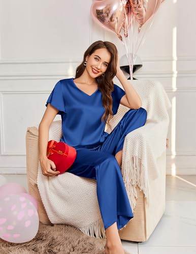 Image of Ekouaer Women's Satin Silky Pajama Set 2 Piece Short Sleeve Shirt with Long Pants Pjs Sets Soft PJ Loungewear S-XXL