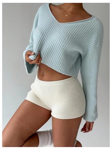 Image of Floerns Women's Long Sleeve Cropped Fall Pullover V Neck Drop Shoulder Rib Knit Sweaters Top