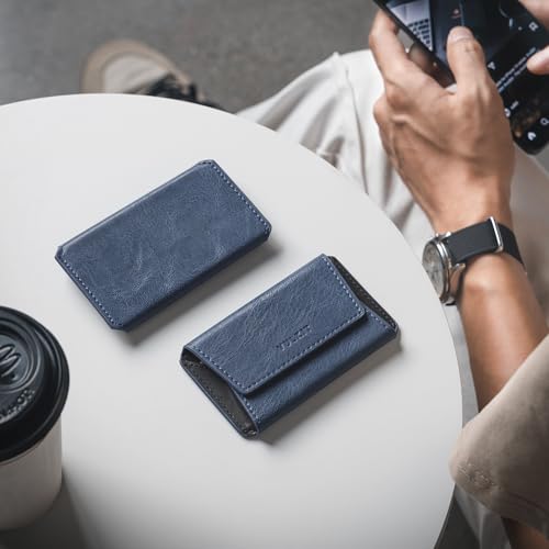 VULKIT Leather Business Card Holder Case for Men Slim Pocket Business Card Wallet Name Card Case Holder, Holds 20 Business Cards Navy2