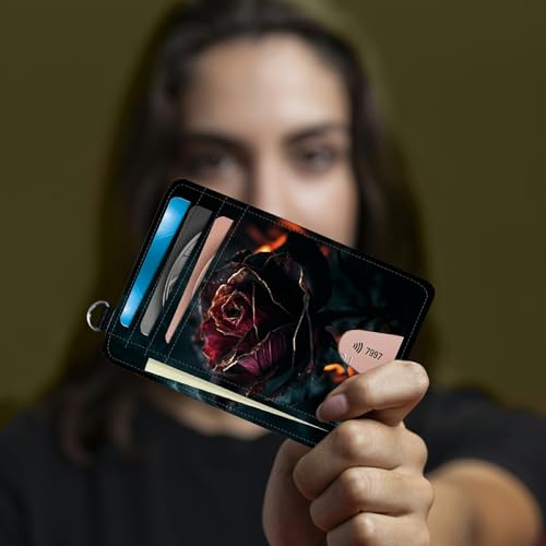 Image of Small Travel Wallets, Burning Rose Slim Minimalist Front Pocket Wallet with Wristlet, RFID Blocking PU Leather Credit Card Holder with ID Window Change Purse for Men Women