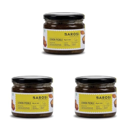 Image of Barosi Lemon Pickle 350 gm, Authentic, Traditional and Handcrafted, Sustainable Glass packaging (Pack of 3)