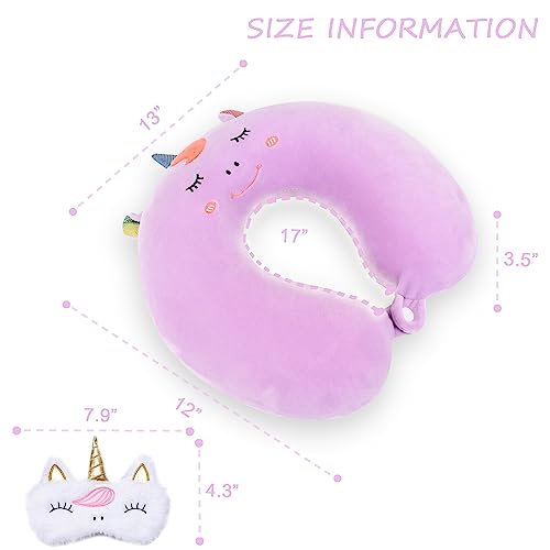 Image of Sexysamba Cartoon Headrest & Neck Pillow for Kids Boys & Girls, Teens, Travel Accessories for Airplane, Car, Recline, Memory Foam Cute Travel Pillow with Sleep Eye Mask - Purple Unicorn
