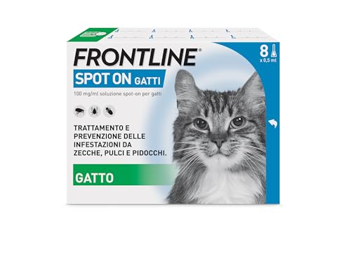 FRONTLINE Spot On, 4 e 4 Pipette, Gatto, Antiparassitario per Gatti e Gattini di Lunga Durata, Protegge da Zecche, Pulci e Pidocchi, Antipulci in Confezione da 8 Pipette da 0.5 ml