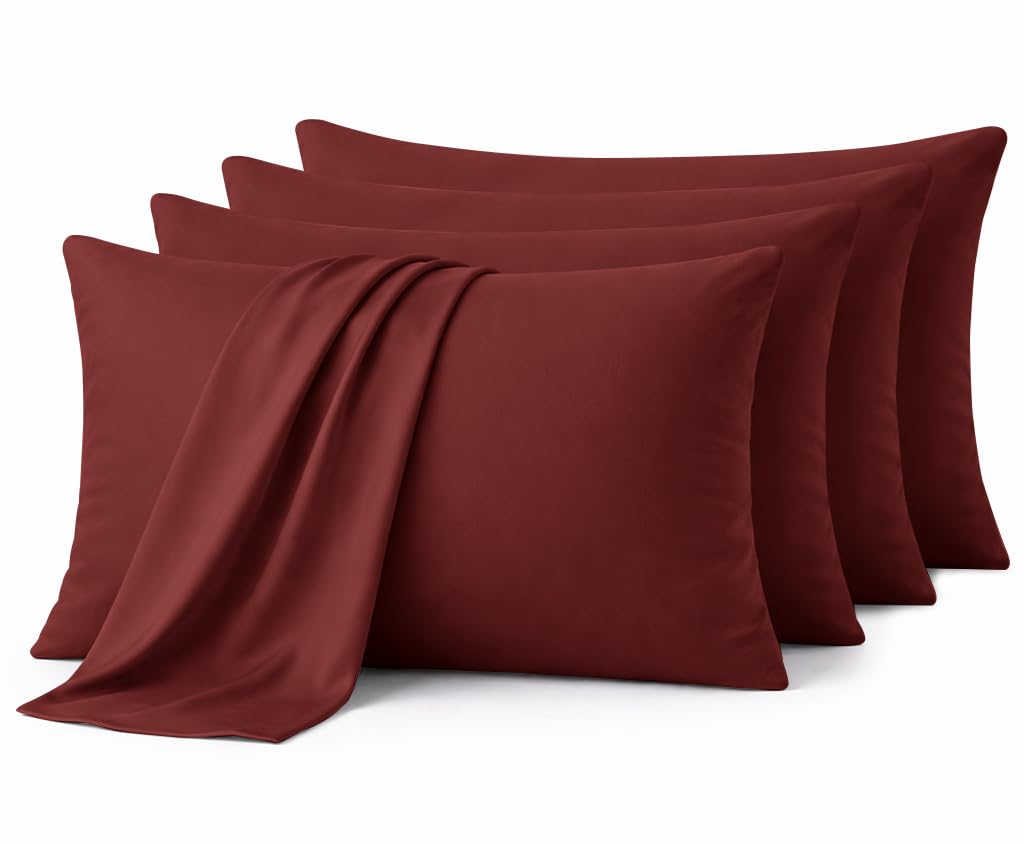 Aspire Homeware Burgundy Pillow Cases 4 Pack – 100% Brushed Microfiber Pillowcases Super Soft Envelope Closure Pillow Cover (50X75cm)