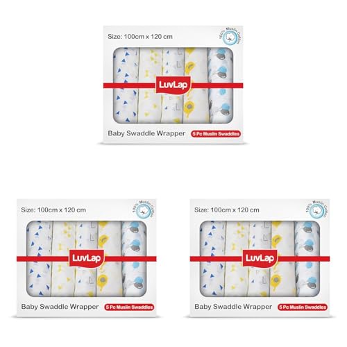 Image of LuvLap 100% Cotton Muslin Baby Swaddle Set, Baby Towel, Size-120cm x 100cm (47 inchx39 inch), Triangles Birds & Balloons Printed on White, Printed Mulmal Muslin Swaddle Wrap for New Born, Pack of 15