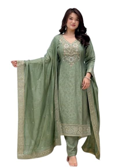 Green Embroidered Salwar Suit Set with Dupatta-image-4
