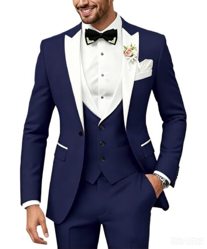 Men's Suit 3 Piece Navy White Tuxedo Set Classic Suits for Wedding Prom S