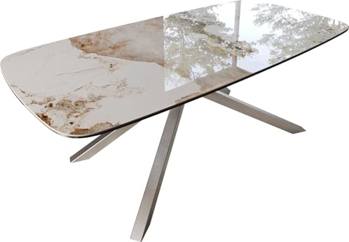 DeLife Table à Manger Edge Blanc-Beige en Forme de Bateau céramique Minas mélange 200x100 Cadre croisé rectangulaire Acier Inoxydable