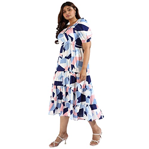 Image of Instafab Plus Women's Multicolour Printed Midi Length Short Sleeve Regular Fit Wrap Dress for Casual Wear | Modern Clothing Dress Crafted with Comfort Fit for Everyday Wear, 3XL