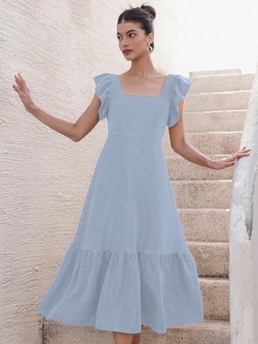 Image of Sugathari Girl's & Women's Solid Color Square Neck, Ruffle-Trimmed Hem Sleeveless, Ruffle Armhole and Casual Dress with Cinched Waist Vacation Outfits Woman (Dress 176)