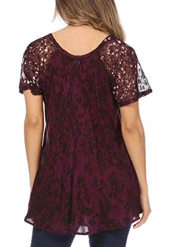 Image of Sakkas Ash Speckled Tiedye Embroidered Cap Sleeve Blouse Top with Embroidery Hems
