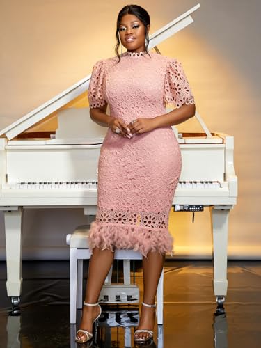 AOMEI Women's Summer Hollow Out Lace Dress Short Sleeve Stand Collar Feather Bodycon Business Cocktail Party Dresses2