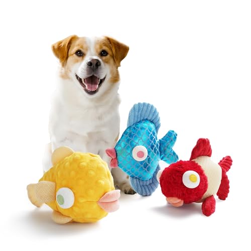 Nocciola Tough Dog Toys, Squeaky Dog Toys to Keep Dogs Busy with Two Resistant Layer & Crinkle Sound, Googly Eyed Fish Gang Puppy Teething Toys for Small, Medium, Large Breeds