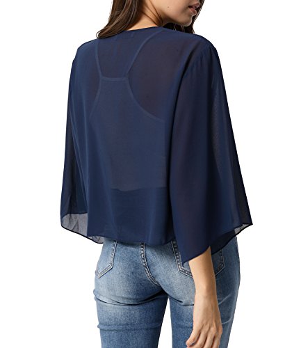 Women Sheer Chiffon Bolero Shrug Jacket Cardigan 3/4 Sleeve Navy Blue X-Large #TOP1
