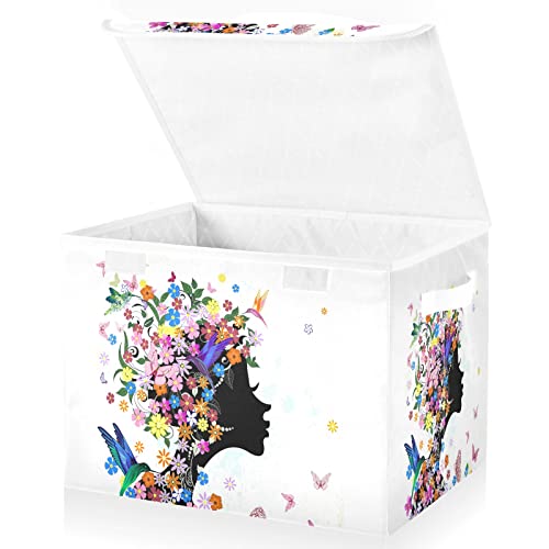 Oyihfvs Floral Girl Butterflies Foldable Cube Storage Basket Collapsible Fabric with Lidded Sturdy Handles Organizer Box for Home Bedroom 16.5 x 12.6 x 11.8 in