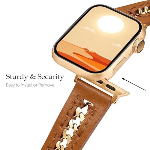 Image of HANDODO Italian Genuine Leather Band with gold chain details, Compatible with Apple Watch Series 11 10 9 8 7 6 5 4 3 2 1 SE SE2 Ultra 2 /3, SGS Certified Fashion Dressy Strap for women men