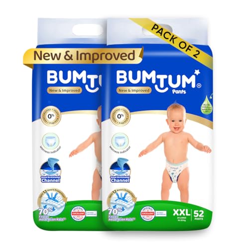 Image of Bumtum Baby Diapers | Pant Style Baby Diapers Double Extra Large Size, 104 Count | Double Layer Leakage Protection Infused With Aloe Vera, Cottony Soft High Absorb Technology (52 Count, Pack of 2)