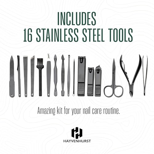Nail Kit - Nail Clipper Set - Manicure Set -16 Stainless Steel Pieces Manicure Kit For Men’s - Pedicure Kit For Men - Mens Grooming Kit With Brown Leather portable Case by Hayvenhurst