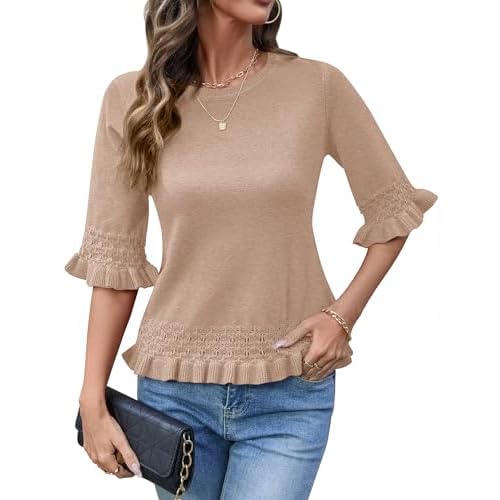 AKEWEI Womens 3/4 Sleeve Pullover Sweater Crewneck Knit Peplum Tops Lightweight Casual Going Out Outfits
