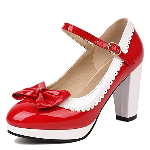 Betastella Women's 1950s Rockabilly Shoes Chunky Mary Janes Platform Patent Leather Block Heel Ankle Strap Pumps Cute Bow Cosplay Shoes