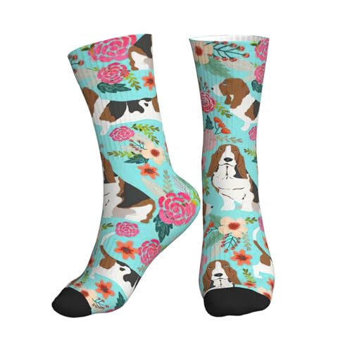 PPHGUT Sweet Basset Hound Florals Stampa Adulti Mid Tube Calzini Traspiranti Sport Corsa Palestra Allenamento Jogging Attività, 1 nero, Taglia unica