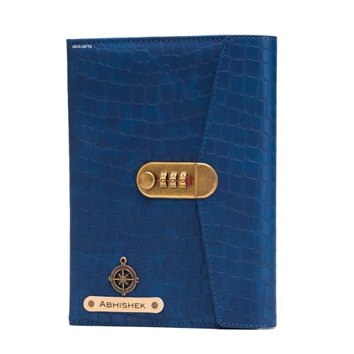Image of AICA Personalized Name & Charm Leather Lock (Navy Blue) Diary � A5 Size 230 Pages with Combination Lock for Men & Women | Customized Planner Diaries Office Gift Items for Man Husband Father Brother