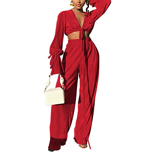 Women 2 Piece Pleated Outfits Casual Boho Trendy Muse Shirt Wide Leg Pants 90S Solid Daily Suit Red #TOP2