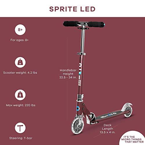 Micro Kickboard - Sprite LED, 2 Wheeled, Fold-to-Carry, Lightweight Swiss-Designed Micro Scooter with Light-Up Wheels for Children and Teens, Ages 6+, Autumn Red